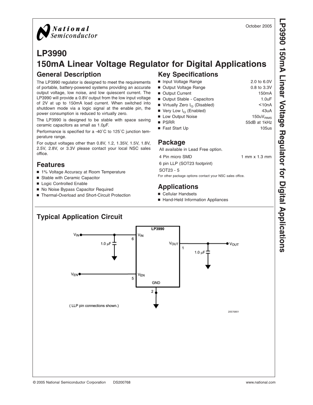 LP3990 150Ma Linear Voltage Regulator for Digital Applications