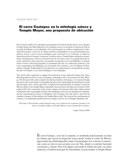 El Cerro Coatepec En La Mitología Azteca Y Templo Mayor, Una Propuesta De Ubicación