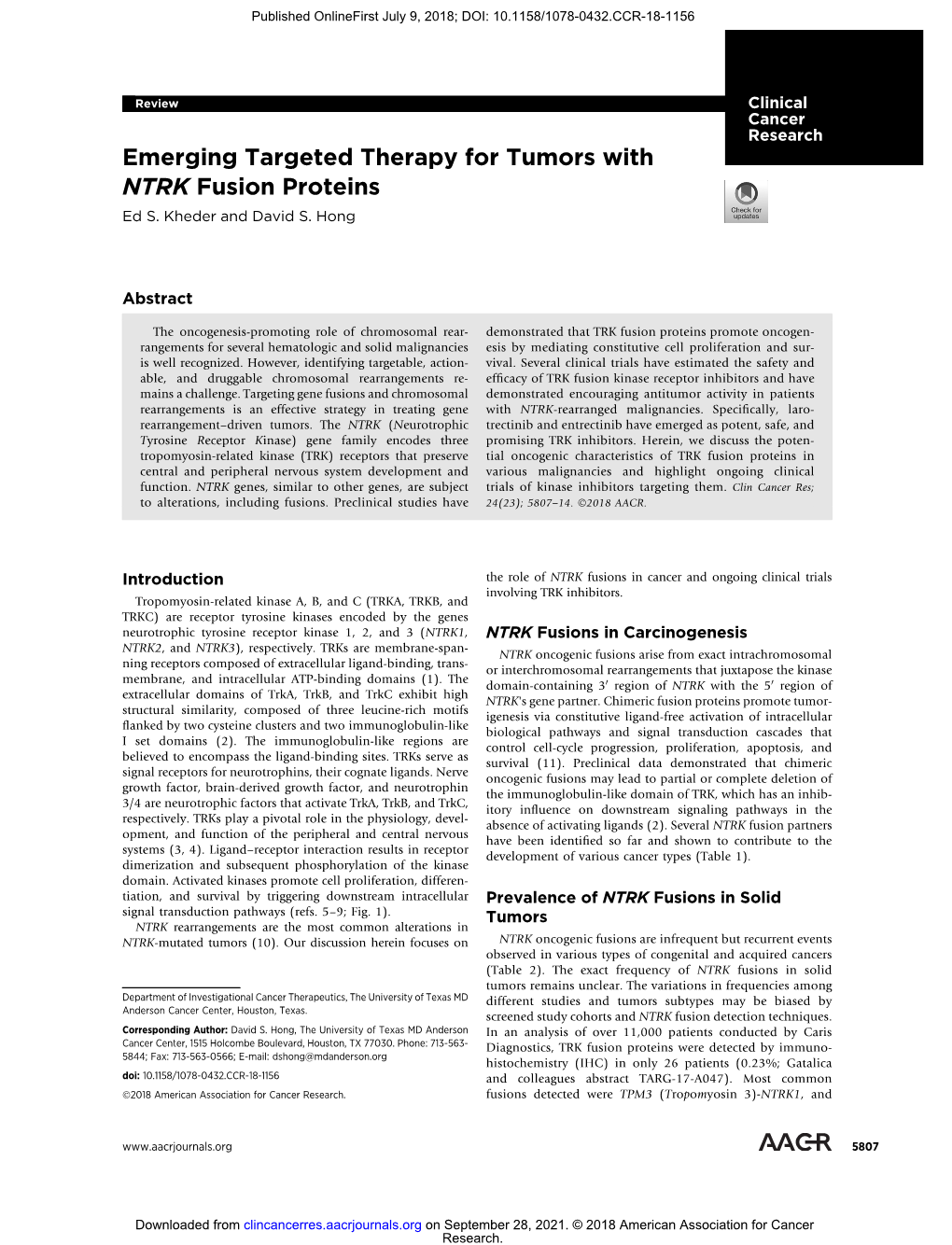 Emerging Targeted Therapy for Tumors with NTRK Fusion Proteins Ed S