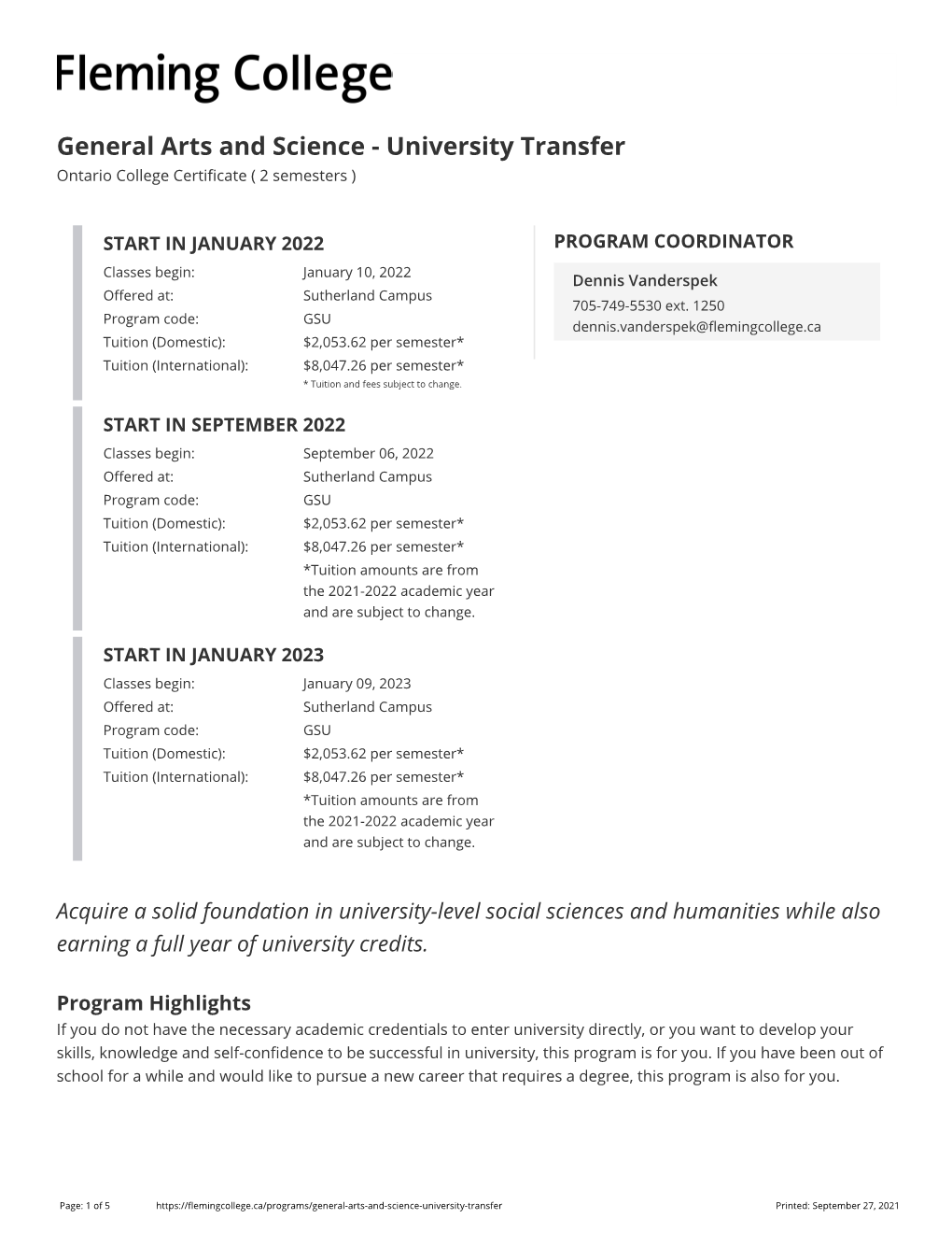 General Arts and Science - University Transfer Ontario College Certificate ( 2 Semesters )