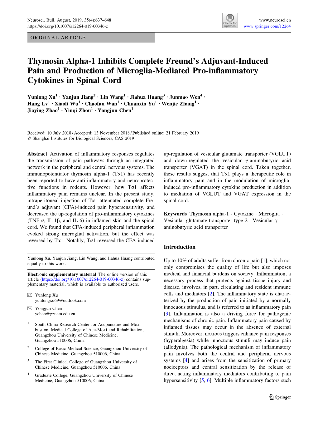 Thymosin Alpha-1 Inhibits Complete Freund's Adjuvant-Induced Pain