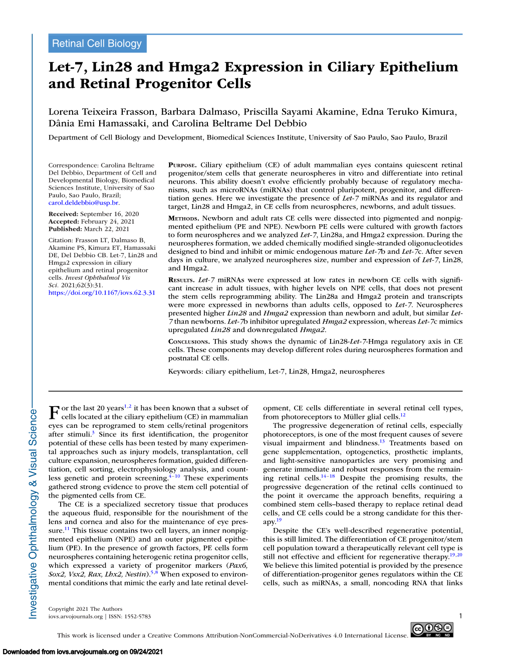 Let-7, Lin28 and Hmga2 Expression in Ciliary Epithelium and Retinal Progenitor Cells