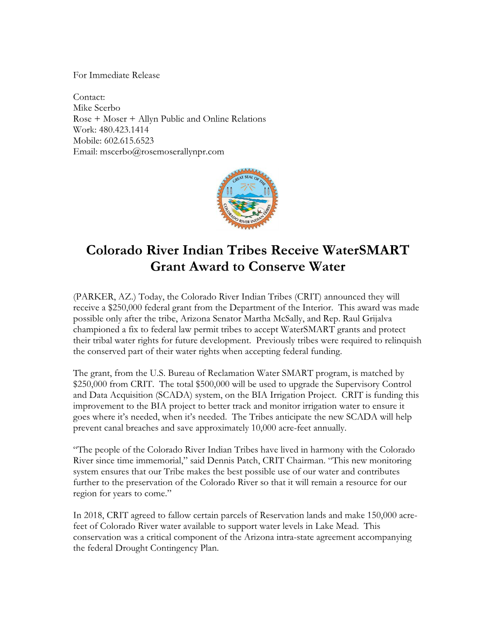 Colorado River Indian Tribes Receive Watersmart Grant Award to Conserve Water