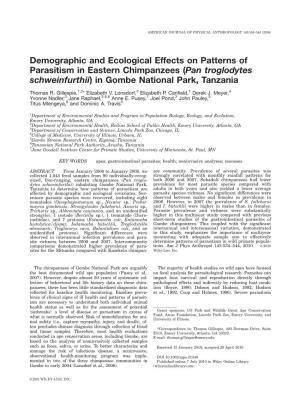 Demographic and Ecological Effects on Patterns of Parasitism in Eastern Chimpanzees (Pan Troglodytes Schweinfurthii) in Gombe National Park, Tanzania
