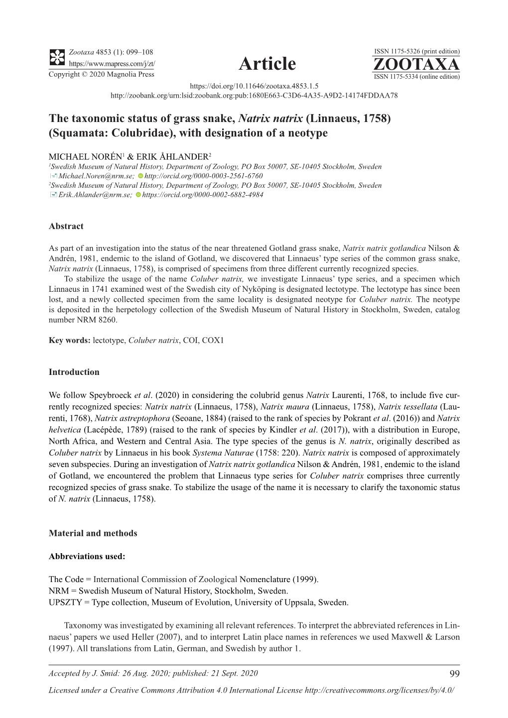 The Taxonomic Status of Grass Snake, Natrix Natrix (Linnaeus, 1758) (Squamata: Colubridae), with Designation of a Neotype