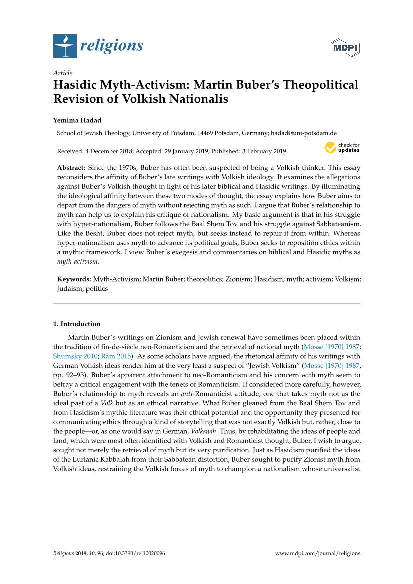 Hasidic Myth-Activism: Martin Buber's Theopolitical Revision of Volkish Nationalis