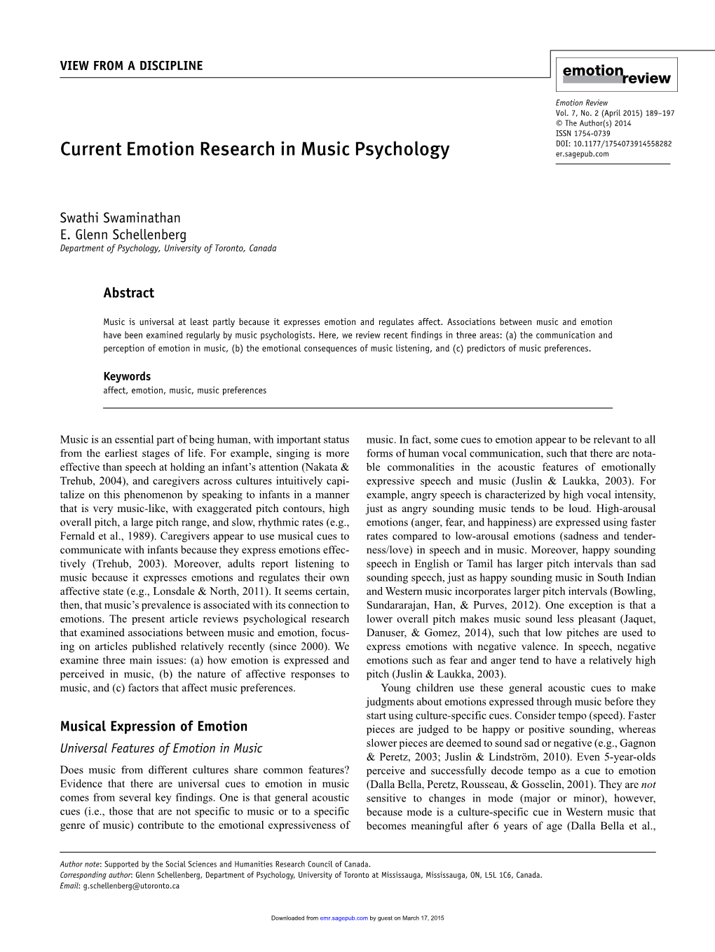 Current Emotion Research in Music Psychology Er.Sagepub.Com