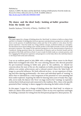 My Dance and the Ideal Body: Looking at Ballet Practice from the Inside Out, Research in Dance Education, 6(1-2), 25-40