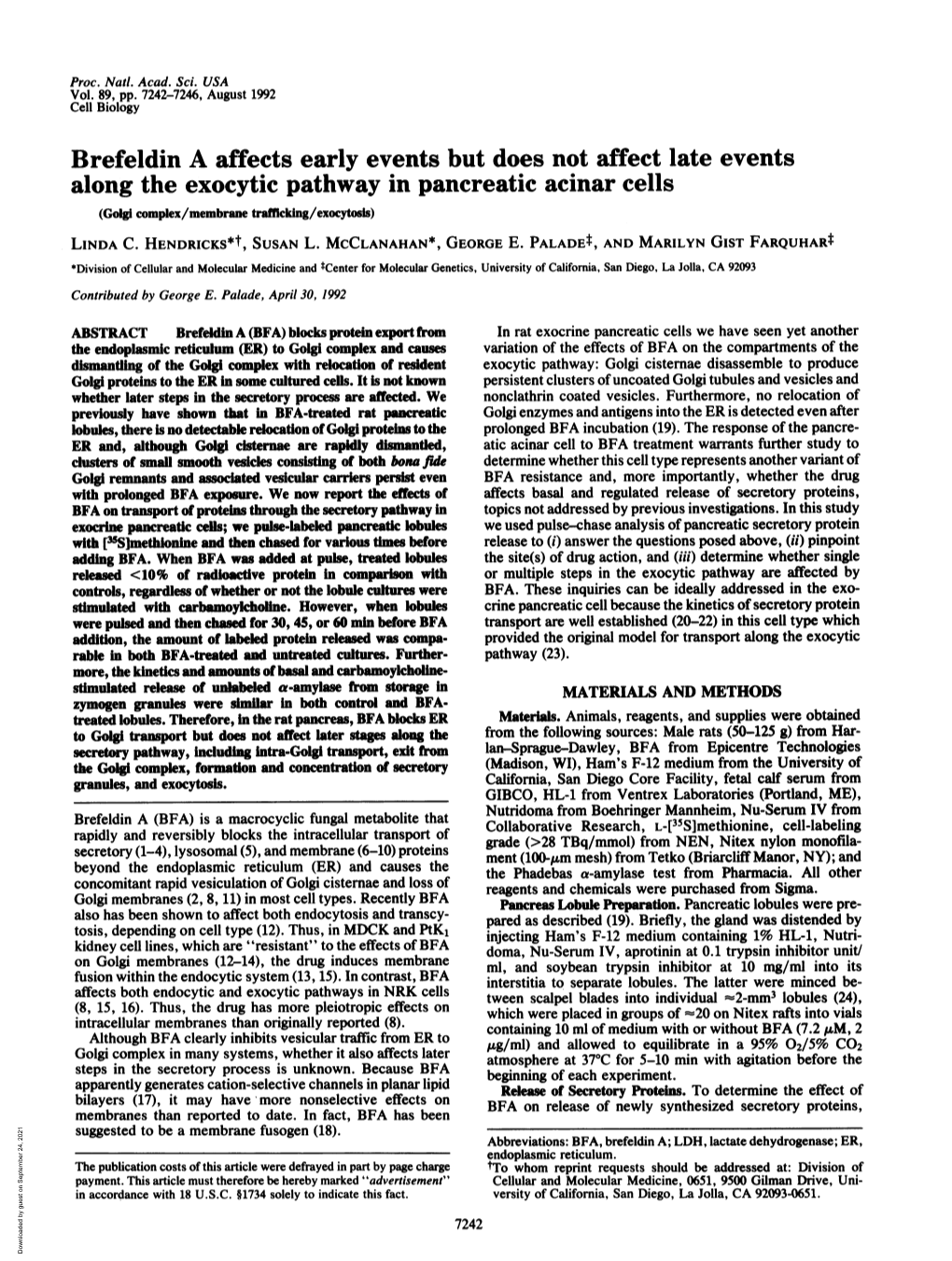 Brefeldin a Affects Early Events but Does Not Affect Late Events Along The