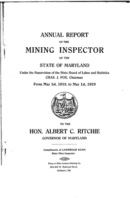 MINING INSPECTOR of the STATE of MARYLAND 'Under the Supervision of the State Board of Labor and Statistics CHAS