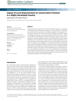 Impact of Local Empowerment on Conservation Practices in a Highly Developed Country Sigrid Engen & Vera Helene Hausner