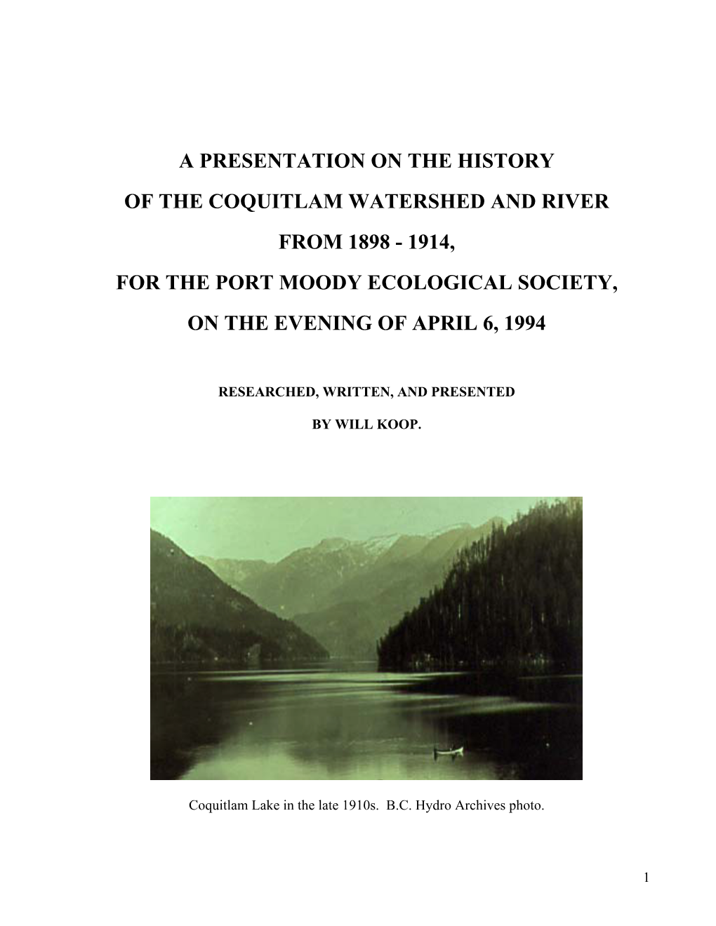 Coquitlam Watershed History