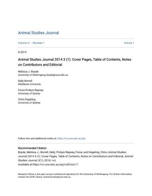 Animal Studies Journal 2014 3 (1): Cover Pages, Table of Contents, Notes on Contributors and Editorial
