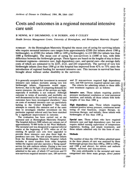 Costs and Outcomes Ina Regional Neonatal Intensive Care Unit