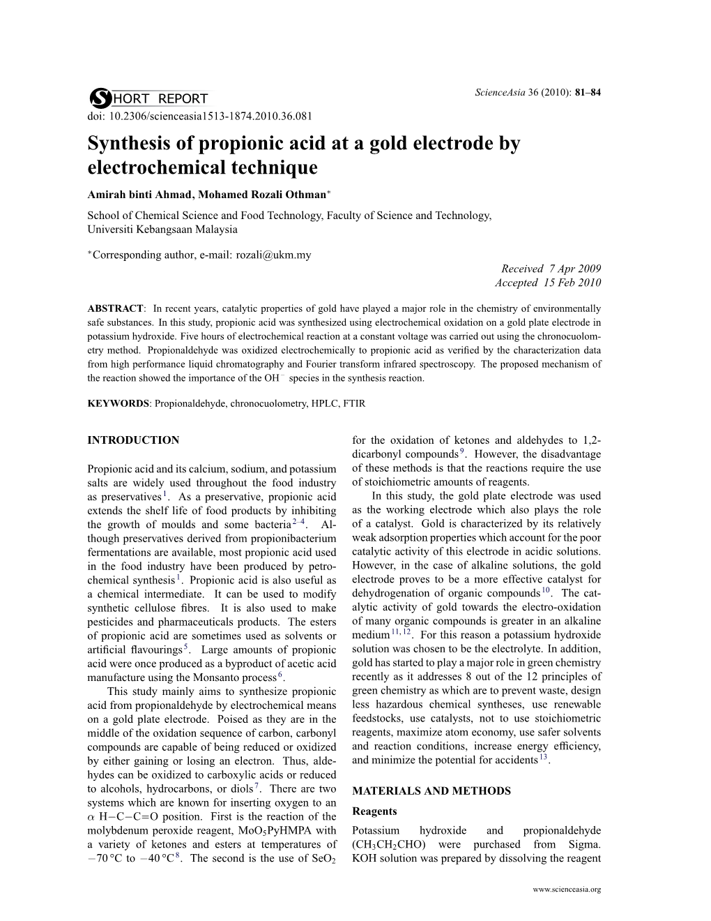 Synthesis of Propionic Acid at a Gold Electrode by Electrochemical