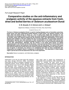Comparative Studies on the Anti-Inflammatory and Analgesic Activity of the Aqueous Extracts from Fresh, Dried and Boiled Berries of Solanum Aculeastrum Dunal