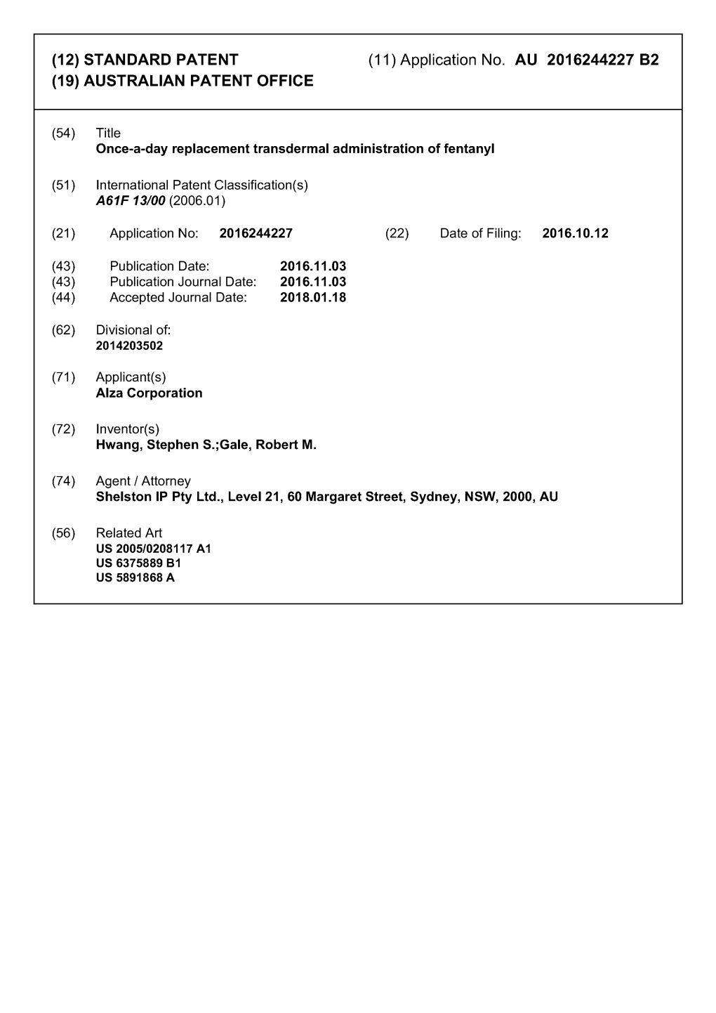 (12) STANDARD PATENT (11) Application No. AU 2016244227 B2 (19) AUSTRALIAN PATENT OFFICE