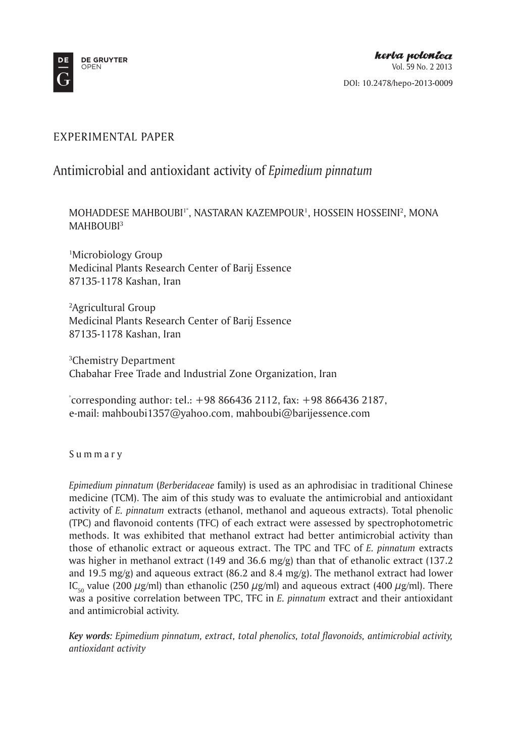 Antimicrobial and Antioxidant Activity of Epimedium Pinnatum