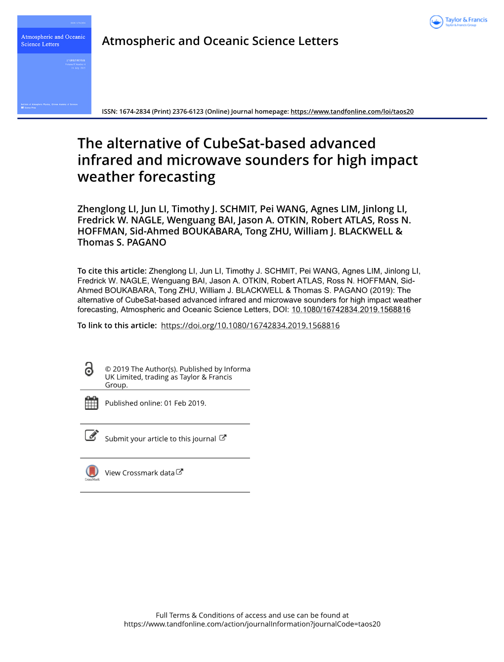 The Alternative of Cubesat-Based Advanced Infrared and Microwave Sounders for High Impact Weather Forecasting