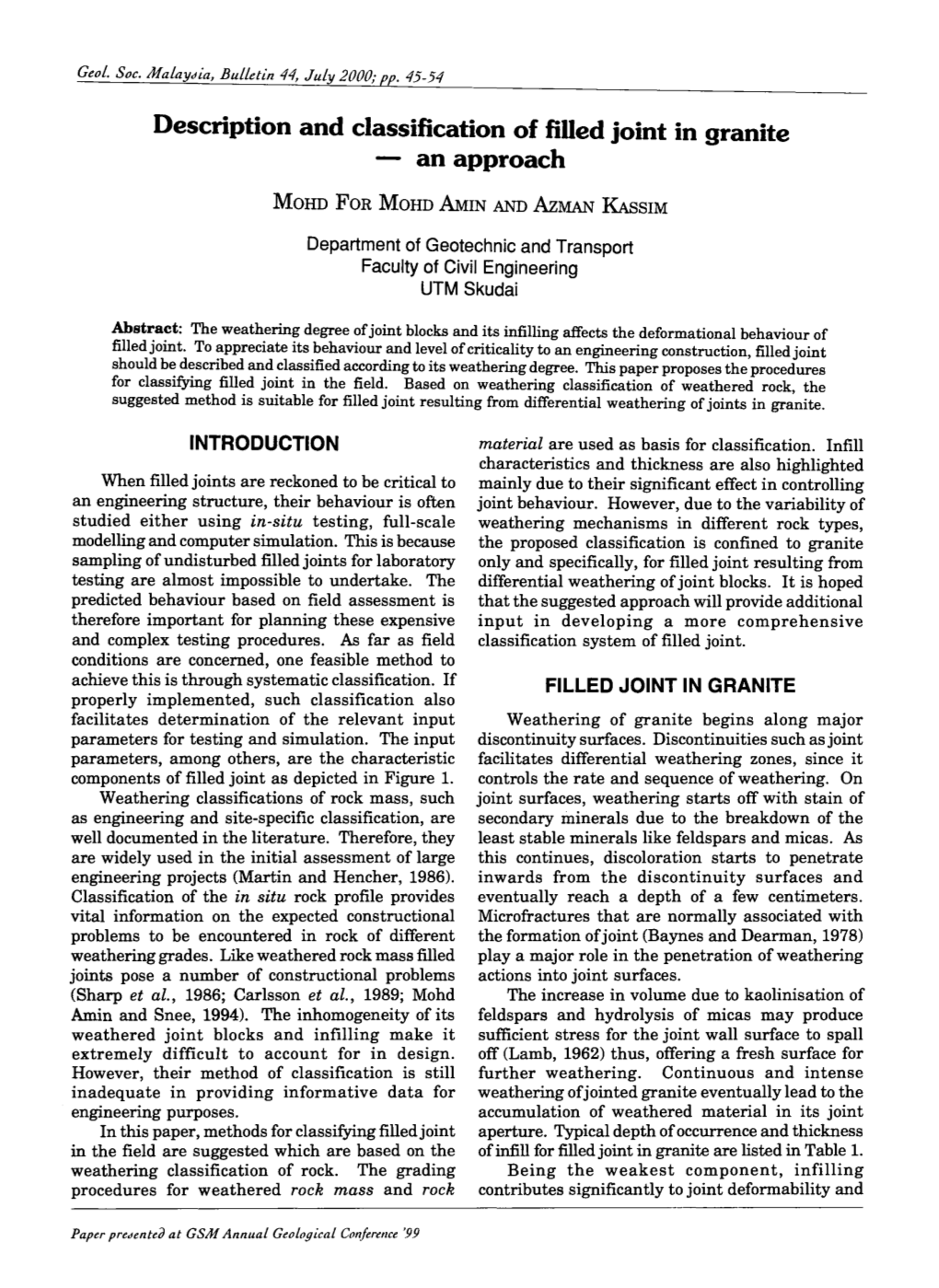 Description and Classification of Filled Joint in Granite - an Approach