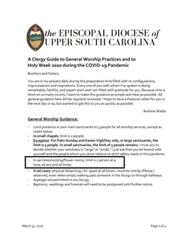 Bishop Waldo Has Issued the Following Guidance for Holy Week