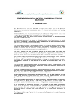 STATEMENT from JOHN MATISONN CHAIRPERSON of MEDIA COMMISSION 14 September, 2005