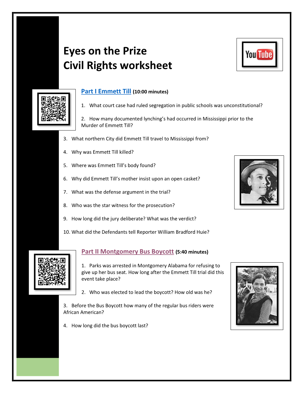 Eyes on the Prize Civil Rights Worksheet