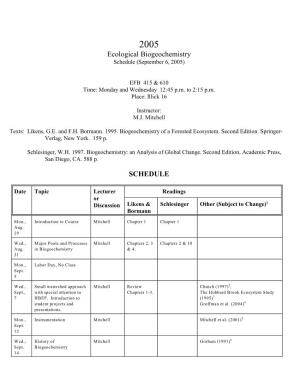 Ecological Biogeochemistry Schedule (September 6, 2005)