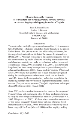 Catesbeiana 30(1):3-10 3 Observations on the Response of Four Eastern Box Turtles (Terrapene Carolina Carolina) to Clearcut