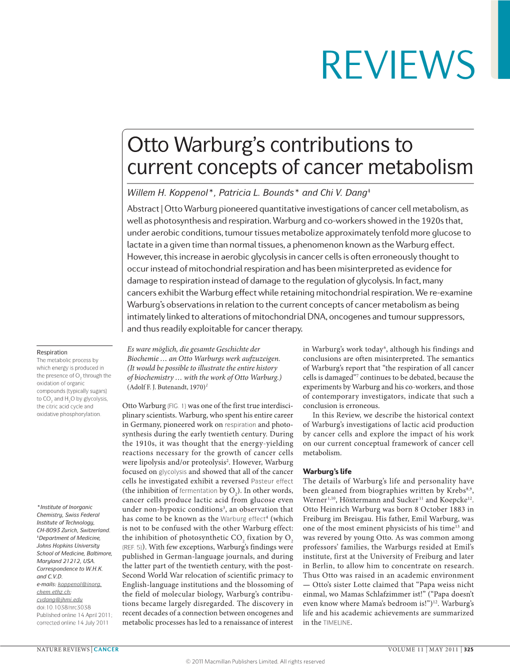 Otto Warburg's Contributions to Current Concepts of Cancer