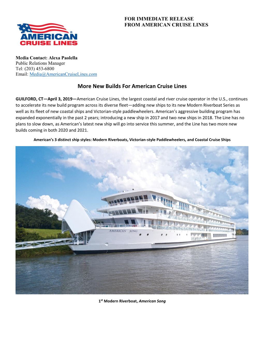 More New Builds for American Cruise Lines