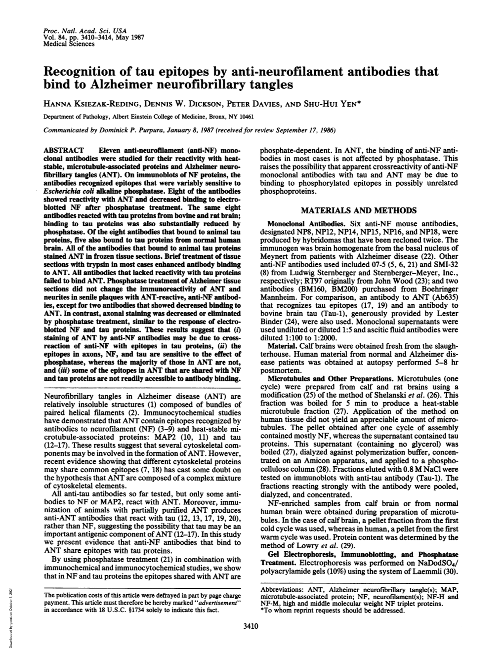 Recognition of Tau Epitopes by Anti-Neurofilament Antibodies That Bind to Alzheimer Neurofibrillary Tangles HANNA KSIEZAK-REDING, DENNIS W