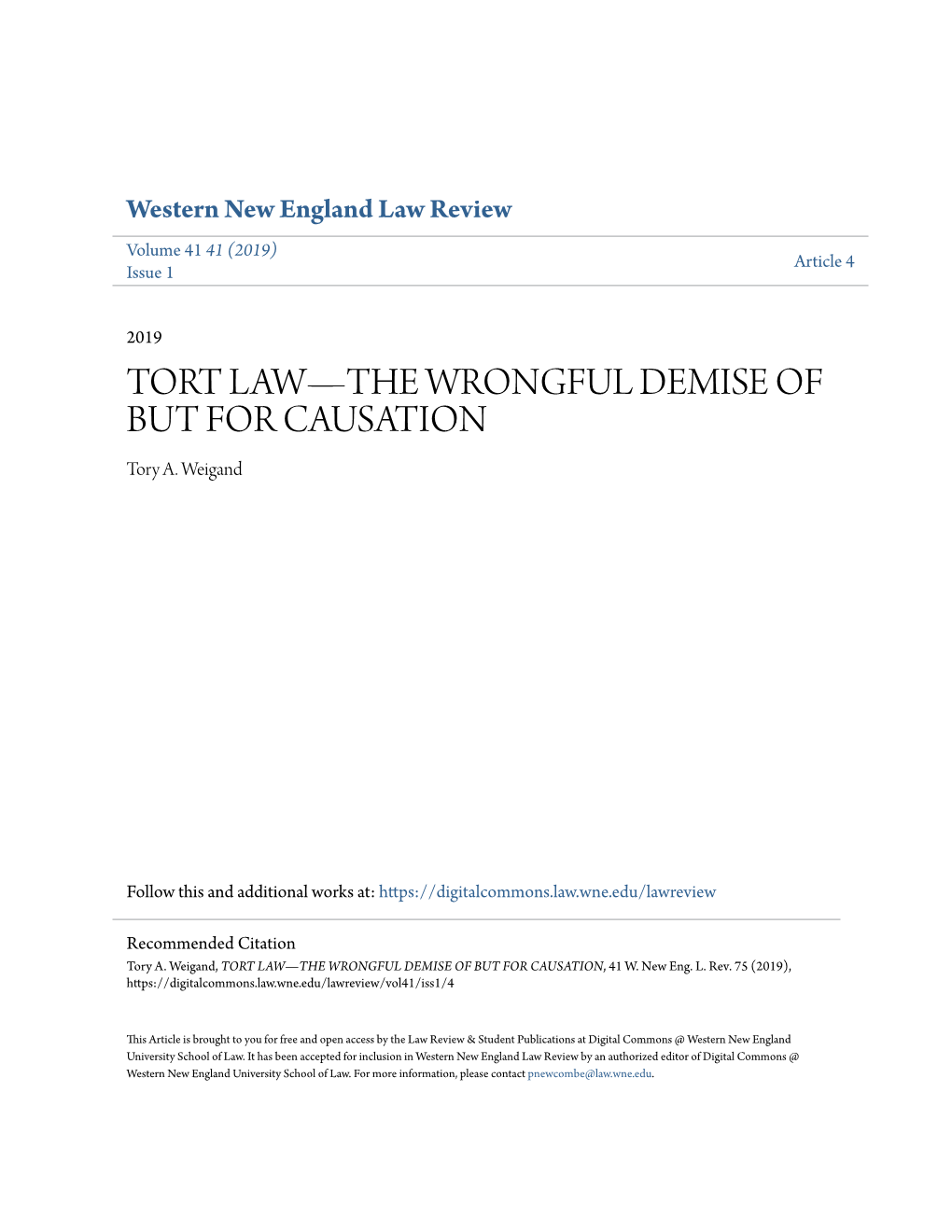 TORT LAW—THE WRONGFUL DEMISE of but for CAUSATION Tory A