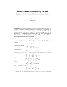 How to Construct Integrating Factors Applications to the Isothermal Parameterization of Surfaces