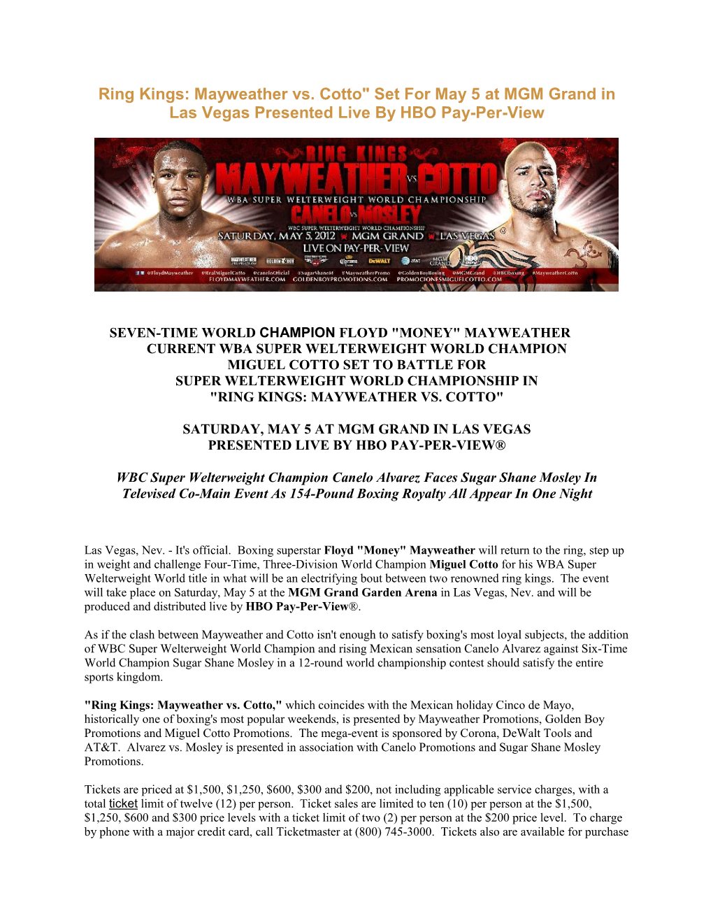 Ring Kings: Mayweather Vs. Cotto" Set for May 5 at MGM Grand in Las Vegas Presented Live by HBO Pay-Per-View
