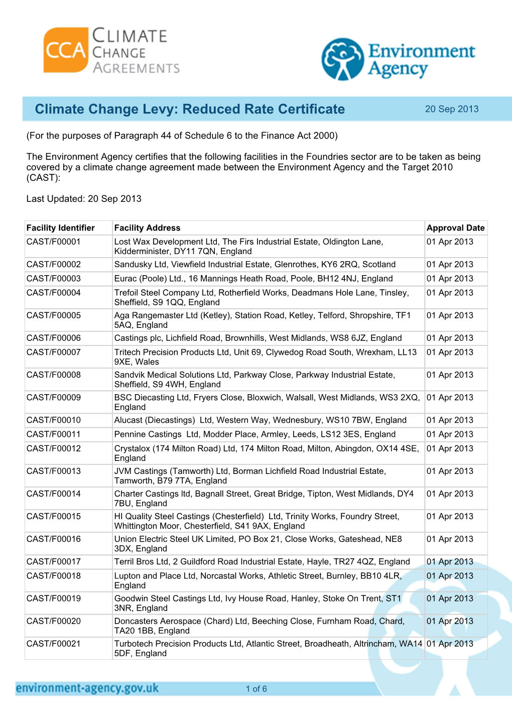 Climate Change Levy: Reduced Rate Certificate 20 Sep 2013