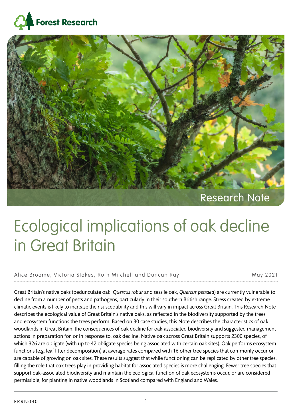 Ecological Implications of Oak Decline in Great Britain
