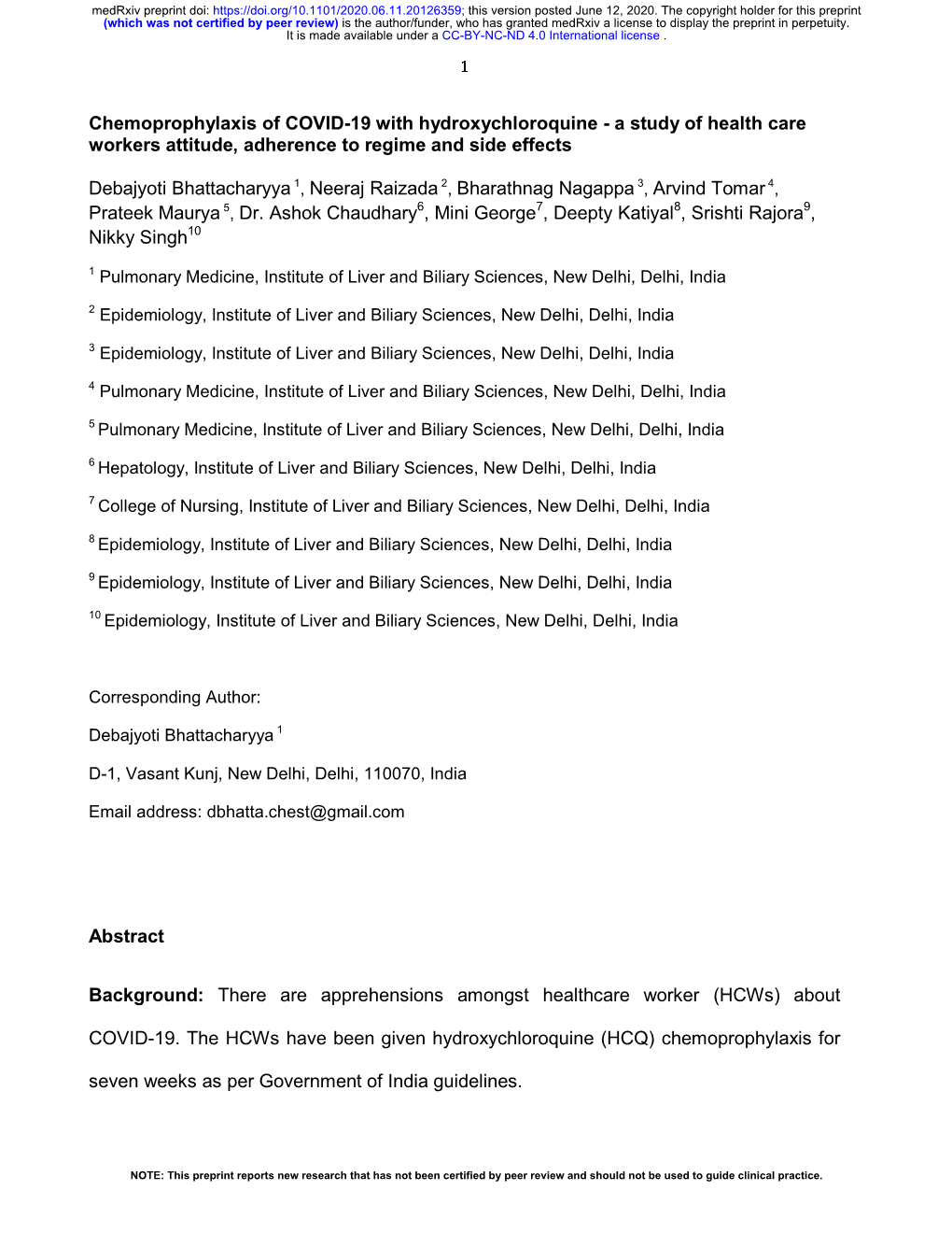 Chemoprophylaxis of COVID-19 with Hydroxychloroquine - a Study of Health Care Workers Attitude, Adherence to Regime and Side Effects