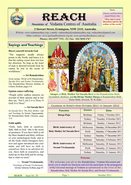 Reach “For One‟S Own Liberation and for the Newsletter of Vedanta Centres of Australia Welfare of the World.” 2 Stewart Street, Ermington, NSW 2115, Australia