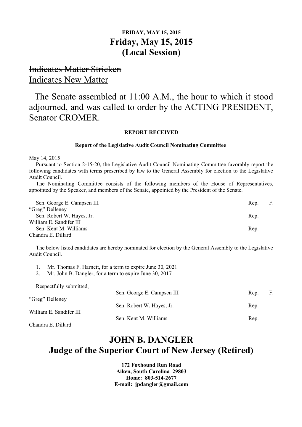 Senate Journal for 5/15/2015 - South Carolina Legislature Online