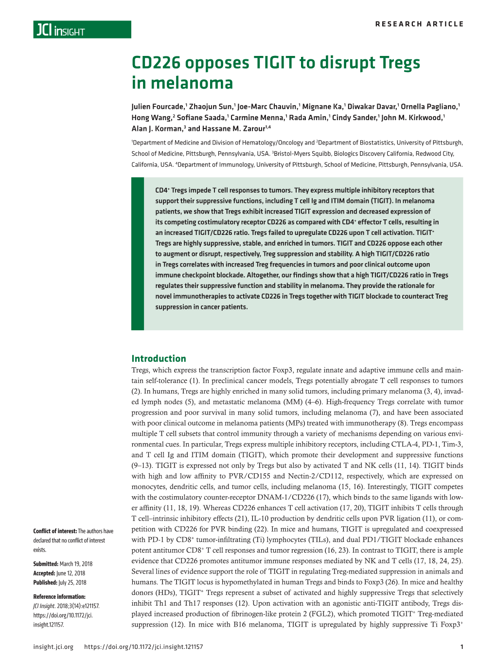 CD226 Opposes TIGIT to Disrupt Tregs in Melanoma