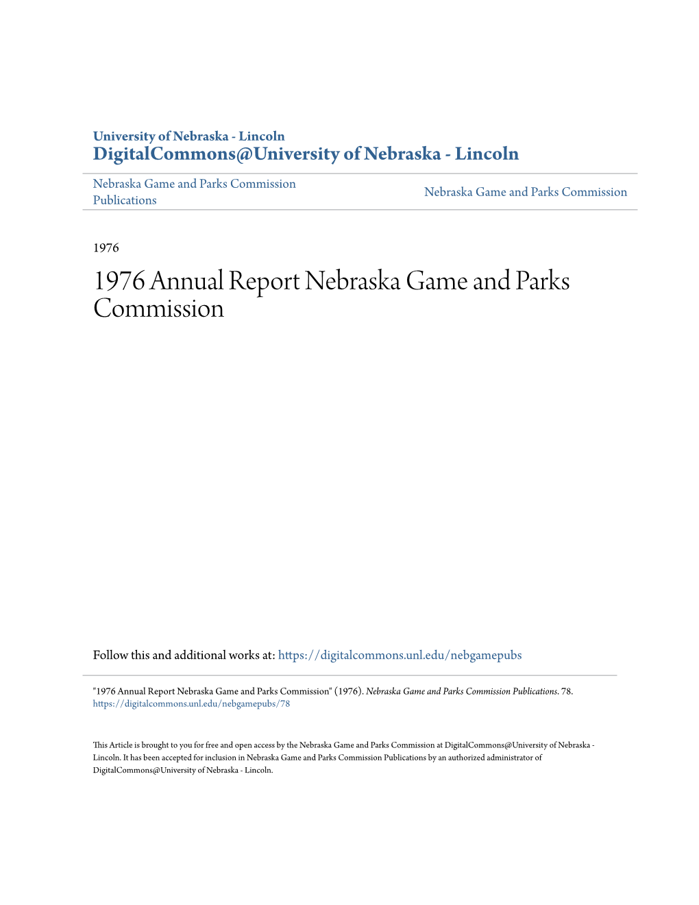 1976 Annual Report Nebraska Game and Parks Commission