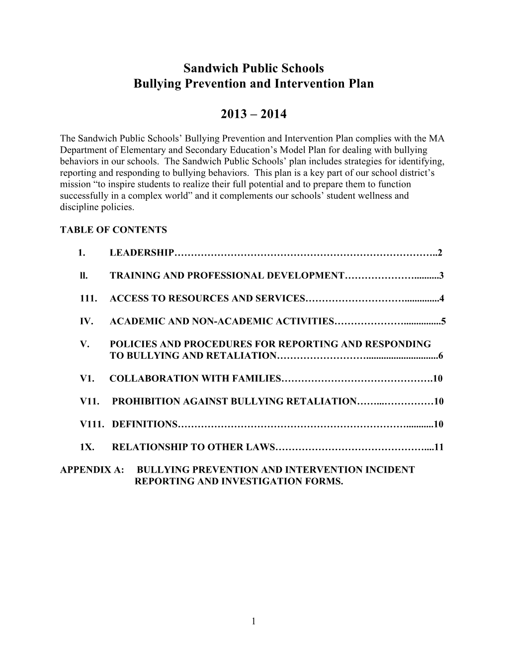 Sandwich Public Schools Bullying Prevention and Intervention Plan