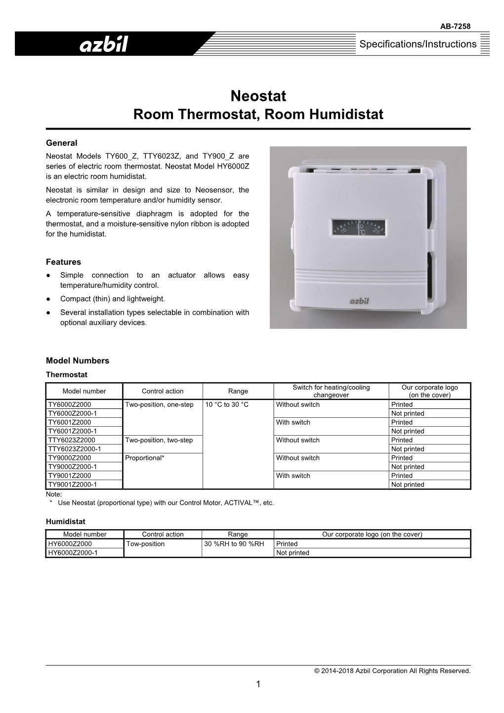 Neostat Room Thermostat, Room Humidistat Specifications/Instructions