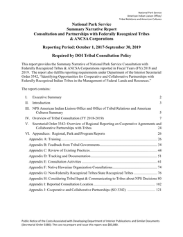National Park Service Summary Narrative Report Consultation and Partnerships with Federally Recognized Tribes & ANCSA Corporations