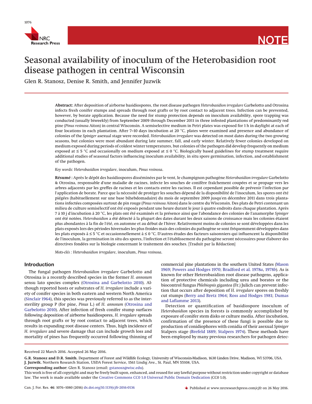 Seasonal Availability of Inoculum of the Heterobasidion Root Disease Pathogen in Central Wisconsin Glen R