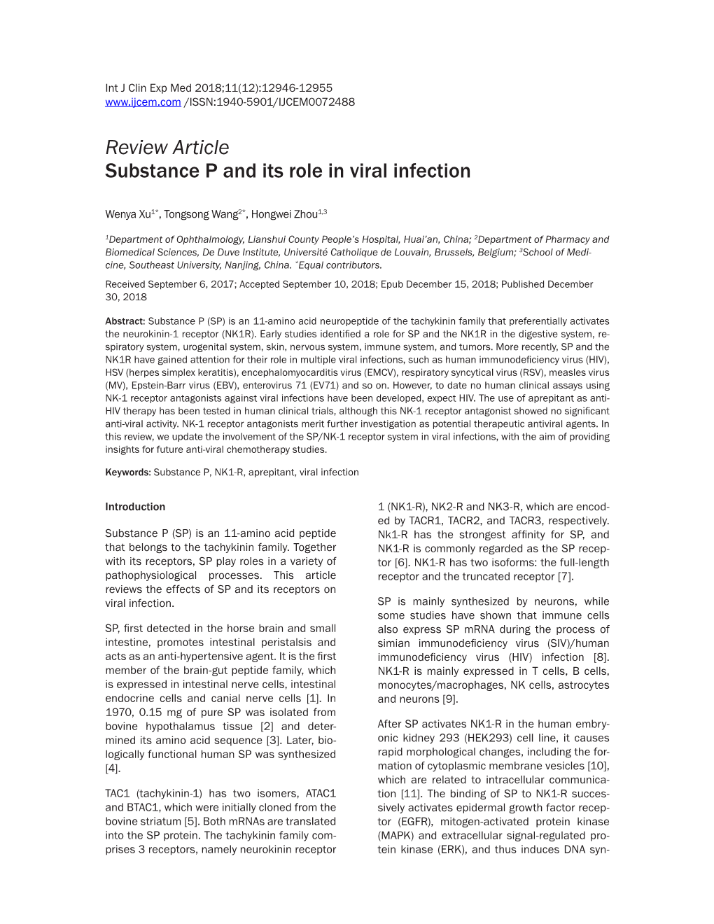 Review Article Substance P and Its Role in Viral Infection