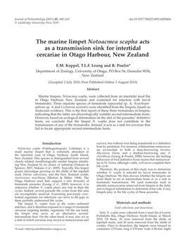 The Marine Limpet Notoacmea Scapha Acts As a Transmission Sink for Intertidal Cercariae in Otago Harbour, New Zealand