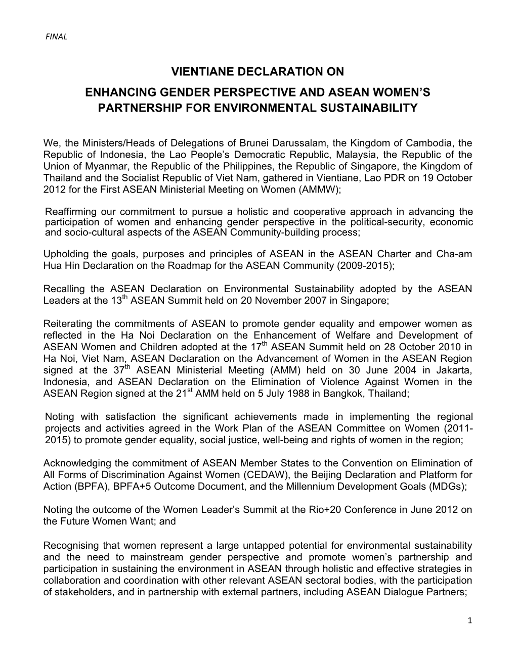 ASEAN Vientiane Declaration Enhancing Gender Perspective