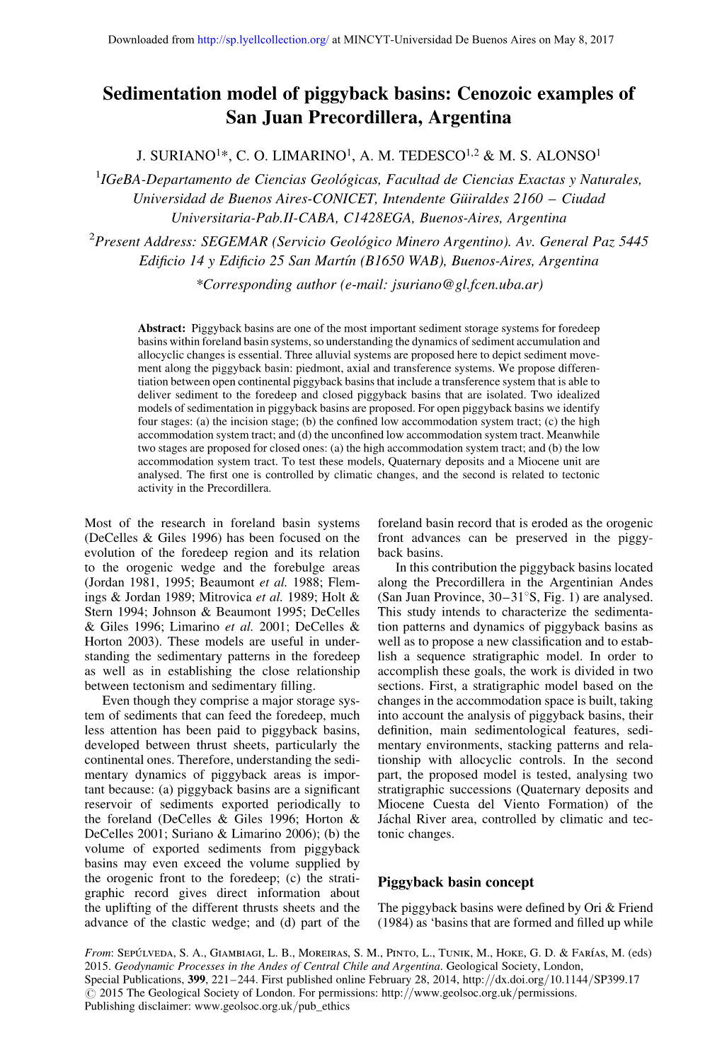 Sedimentation Model of Piggyback Basins: Cenozoic Examples of San Juan Precordillera, Argentina